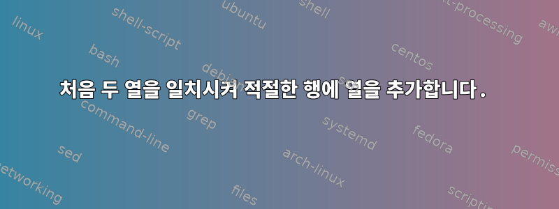 처음 두 열을 일치시켜 적절한 행에 열을 추가합니다.