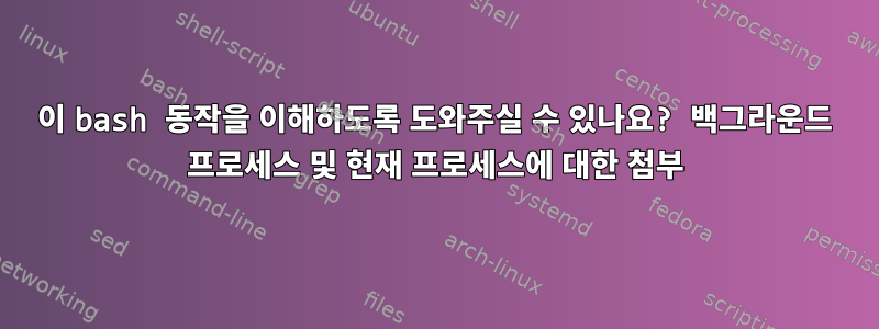 이 bash 동작을 이해하도록 도와주실 수 있나요? 백그라운드 프로세스 및 현재 프로세스에 대한 첨부