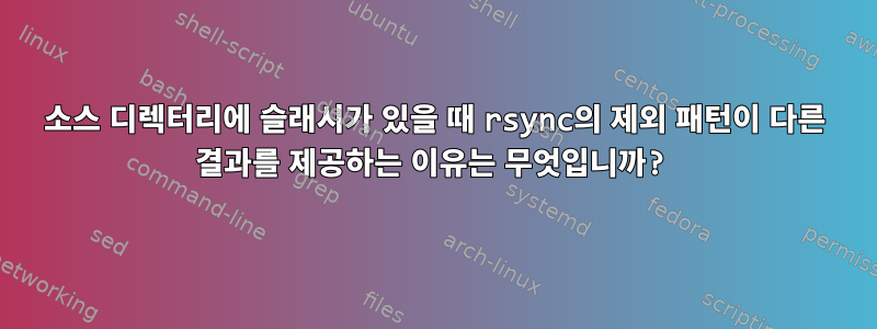 소스 디렉터리에 슬래시가 있을 때 rsync의 제외 패턴이 다른 결과를 제공하는 이유는 무엇입니까?