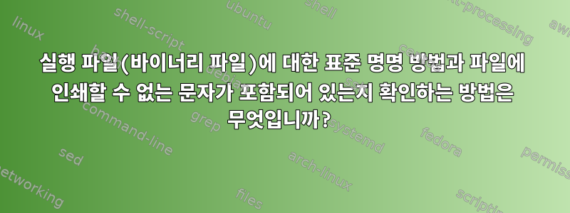 실행 파일(바이너리 파일)에 대한 표준 명명 방법과 파일에 인쇄할 수 없는 문자가 포함되어 있는지 확인하는 방법은 무엇입니까?