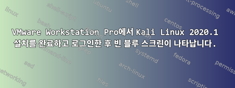 VMware Workstation Pro에서 Kali Linux 2020.1 설치를 완료하고 로그인한 후 빈 블루 스크린이 나타납니다.