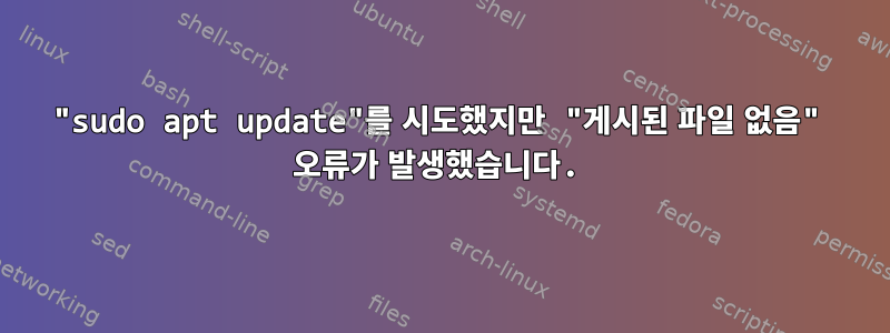 "sudo apt update"를 시도했지만 "게시된 파일 없음" 오류가 발생했습니다.