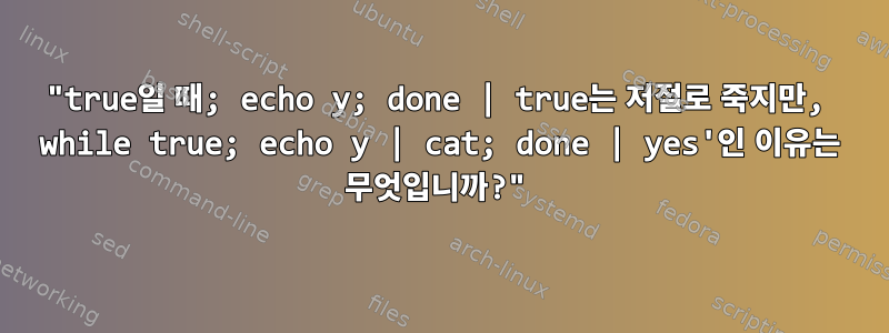 "true일 때; echo y; done | true는 저절로 죽지만, while true; echo y | cat; done | yes'인 이유는 무엇입니까?"