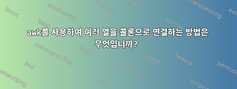 awk를 사용하여 여러 열을 콜론으로 연결하는 방법은 무엇입니까?