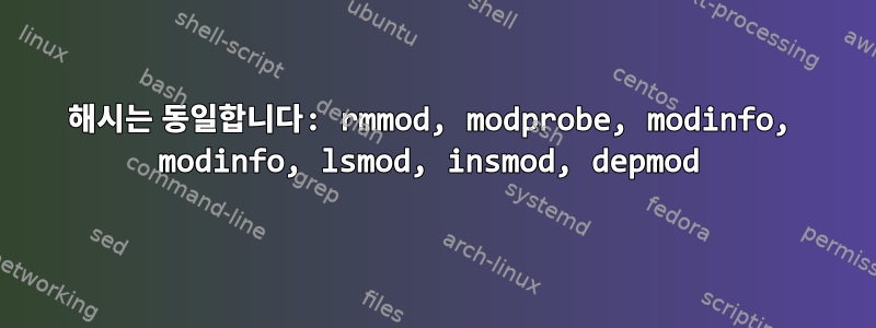 해시는 동일합니다: rmmod, modprobe, modinfo, modinfo, lsmod, insmod, depmod