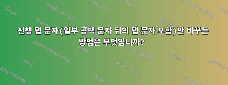 선행 탭 문자(일부 공백 문자 뒤의 탭 문자 포함)만 바꾸는 방법은 무엇입니까?