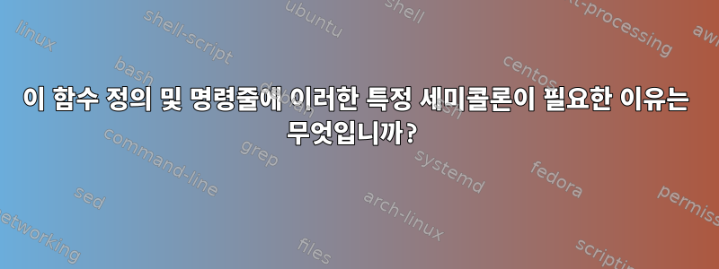 이 함수 정의 및 명령줄에 이러한 특정 세미콜론이 필요한 이유는 무엇입니까?