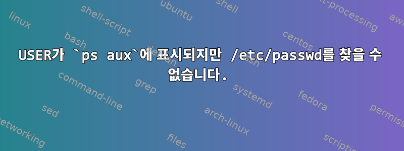 USER가 `ps aux`에 표시되지만 /etc/passwd를 찾을 수 없습니다.