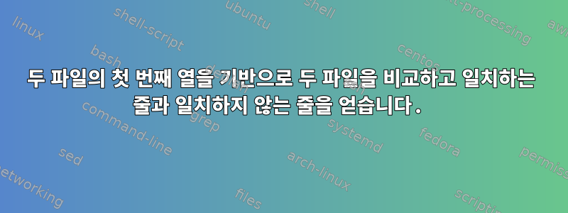 두 파일의 첫 번째 열을 기반으로 두 파일을 비교하고 일치하는 줄과 일치하지 않는 줄을 얻습니다.