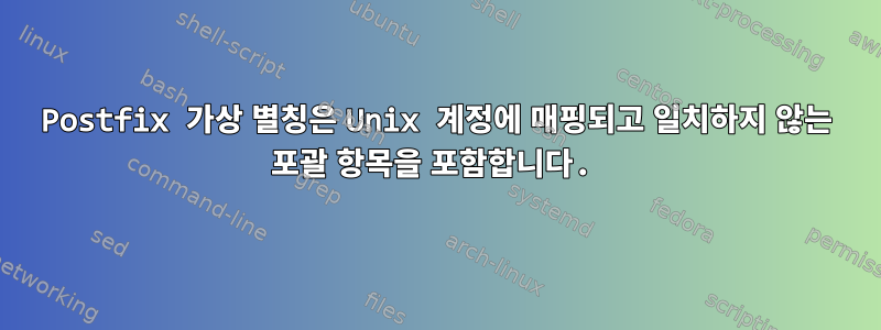 Postfix 가상 별칭은 Unix 계정에 매핑되고 일치하지 않는 포괄 항목을 포함합니다.