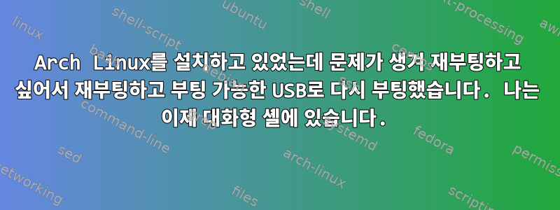 Arch Linux를 설치하고 있었는데 문제가 생겨 재부팅하고 싶어서 재부팅하고 부팅 가능한 USB로 다시 부팅했습니다. 나는 이제 대화형 셸에 있습니다.