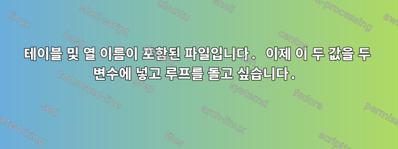 테이블 및 열 이름이 포함된 파일입니다. 이제 이 두 값을 두 변수에 넣고 루프를 돌고 싶습니다.