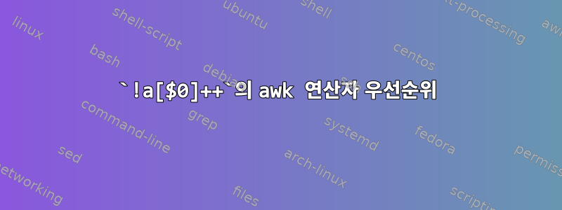 `!a[$0]++`의 awk 연산자 우선순위