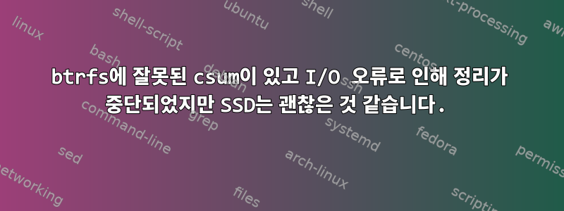 btrfs에 잘못된 csum이 있고 I/O 오류로 인해 정리가 중단되었지만 SSD는 괜찮은 것 같습니다.