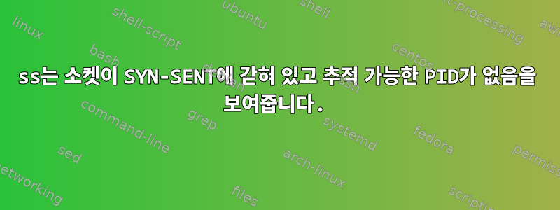 ss는 소켓이 SYN-SENT에 갇혀 있고 추적 가능한 PID가 없음을 보여줍니다.