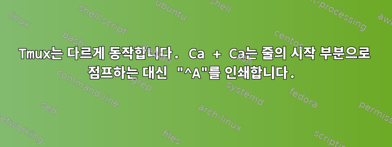 Tmux는 다르게 동작합니다. Ca + Ca는 줄의 시작 부분으로 점프하는 대신 "^A"를 인쇄합니다.