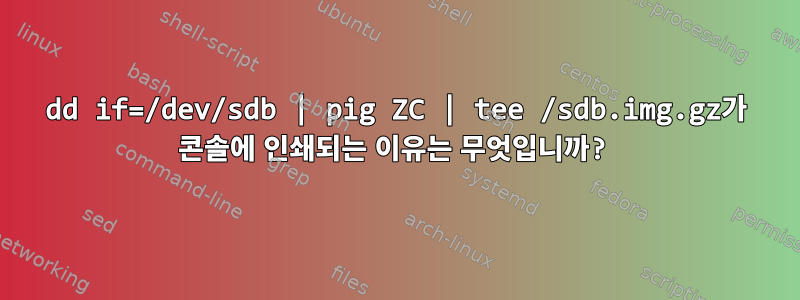 dd if=/dev/sdb | pig ZC | tee /sdb.img.gz가 콘솔에 인쇄되는 이유는 무엇입니까?