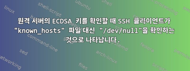 원격 서버의 ECDSA 키를 확인할 때 SSH 클라이언트가 "known_hosts" 파일 대신 "/dev/null"을 확인하는 것으로 나타납니다.