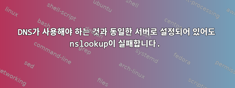 DNS가 사용해야 하는 것과 동일한 서버로 설정되어 있어도 nslookup이 실패합니다.