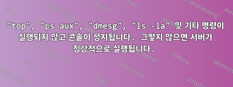 "top", "ps aux", "dmesg", "ls -la" 및 기타 명령이 실행되지 않고 콘솔이 정지됩니다. 그렇지 않으면 서버가 정상적으로 실행됩니다.