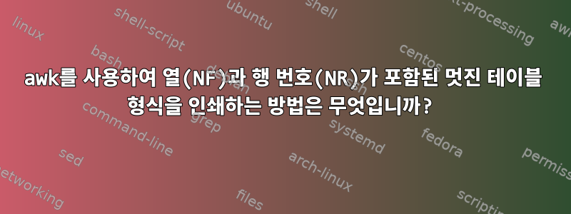 awk를 사용하여 열(NF)과 행 번호(NR)가 포함된 멋진 테이블 형식을 인쇄하는 방법은 무엇입니까?