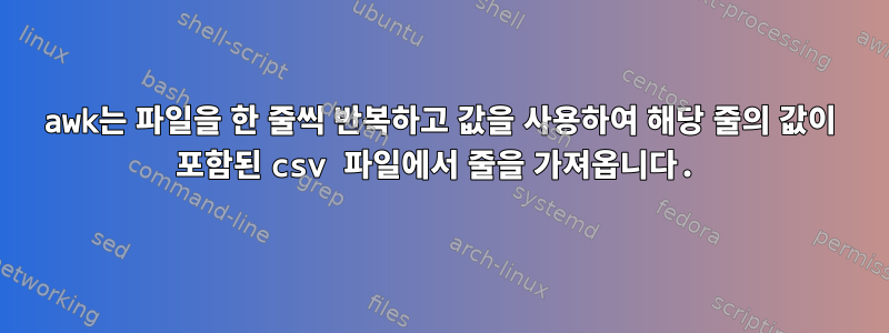 awk는 파일을 한 줄씩 반복하고 값을 사용하여 해당 줄의 값이 포함된 csv 파일에서 줄을 가져옵니다.