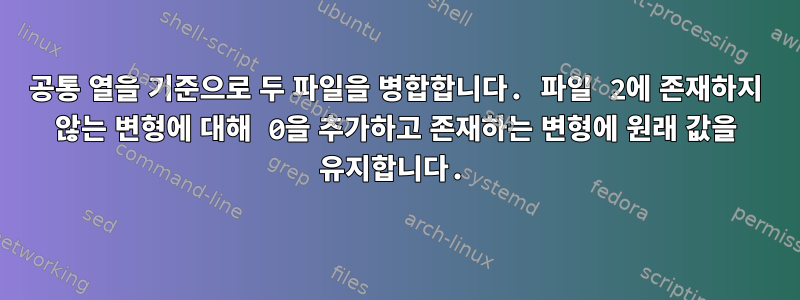 공통 열을 기준으로 두 파일을 병합합니다. 파일 2에 존재하지 않는 변형에 대해 0을 추가하고 존재하는 변형에 원래 값을 유지합니다.