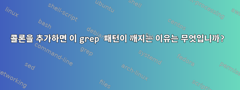 콜론을 추가하면 이 grep 패턴이 깨지는 이유는 무엇입니까?