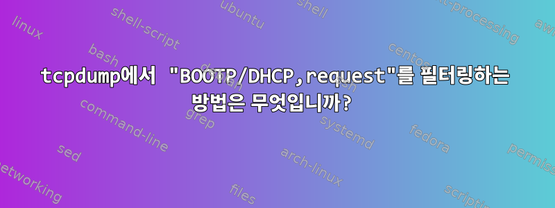 tcpdump에서 "BOOTP/DHCP,request"를 필터링하는 방법은 무엇입니까?