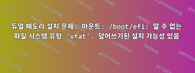 듀얼 페도라 설치 문제. 마운트: /boot/efi: 알 수 없는 파일 시스템 유형 'vfat'. 덮어쓰기된 설치 가능성 있음