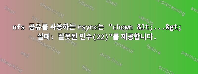 nfs 공유를 사용하는 rsync는 "chown &lt;...&gt; 실패: 잘못된 인수(22)"를 제공합니다.