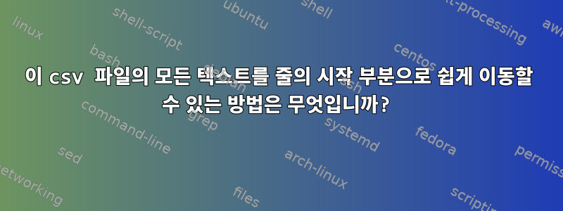 이 csv 파일의 모든 텍스트를 줄의 시작 부분으로 쉽게 이동할 수 있는 방법은 무엇입니까?