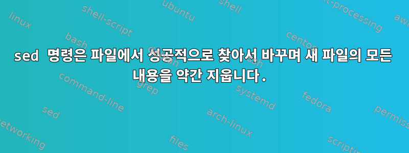 sed 명령은 파일에서 성공적으로 찾아서 바꾸며 새 파일의 모든 내용을 약간 지웁니다.