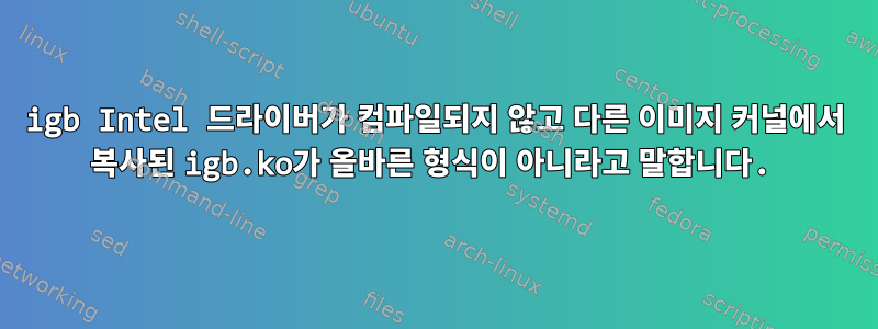 igb Intel 드라이버가 컴파일되지 않고 다른 이미지 커널에서 복사된 igb.ko가 올바른 형식이 아니라고 말합니다.