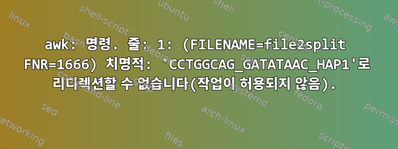 awk: 명령. 줄: 1: (FILENAME=file2split FNR=1666) 치명적: 'CCTGGCAG_GATATAAC_HAP1'로 리디렉션할 수 없습니다(작업이 허용되지 않음).