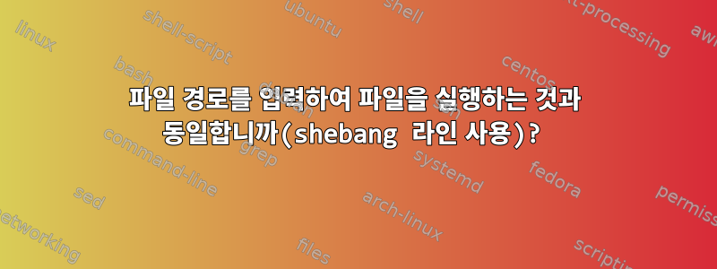 파일 경로를 입력하여 파일을 실행하는 것과 동일합니까(shebang 라인 사용)?