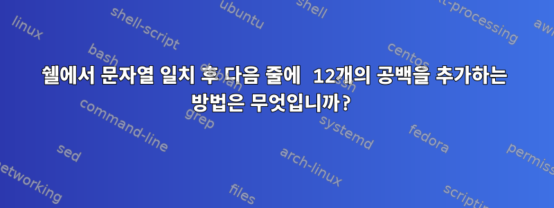 쉘에서 문자열 일치 후 다음 줄에 12개의 공백을 추가하는 방법은 무엇입니까?