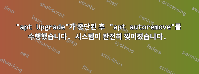 "apt Upgrade"가 중단된 후 "apt autoremove"를 수행했습니다. 시스템이 완전히 찢어졌습니다.