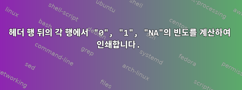 헤더 행 뒤의 각 행에서 "0", "1", "NA"의 빈도를 계산하여 인쇄합니다.