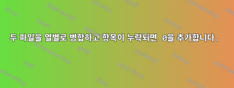 두 파일을 열별로 병합하고 항목이 누락되면 0을 추가합니다.