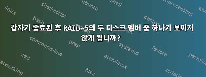 갑자기 종료된 후 RAID-5의 두 디스크 멤버 중 하나가 보이지 않게 됩니까?