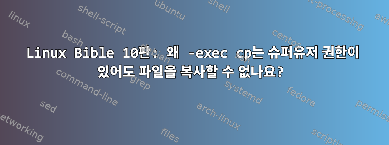 Linux Bible 10판: 왜 -exec cp는 슈퍼유저 권한이 있어도 파일을 복사할 수 없나요?