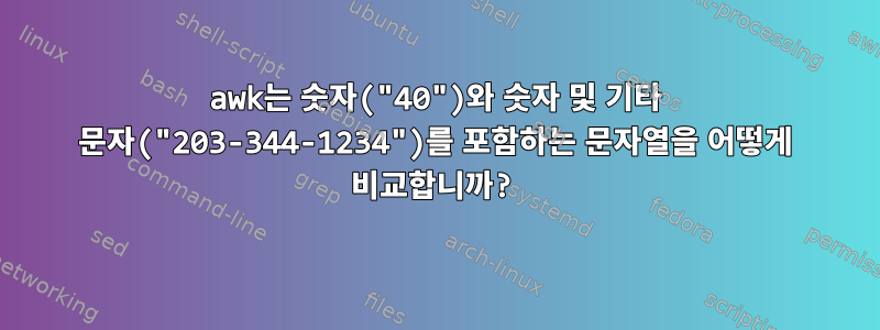 awk는 숫자("40")와 숫자 및 기타 문자("203-344-1234")를 포함하는 문자열을 어떻게 비교합니까?