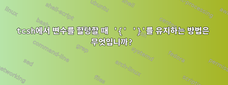 tcsh에서 변수를 할당할 때 '{' '}'를 유지하는 방법은 무엇입니까?