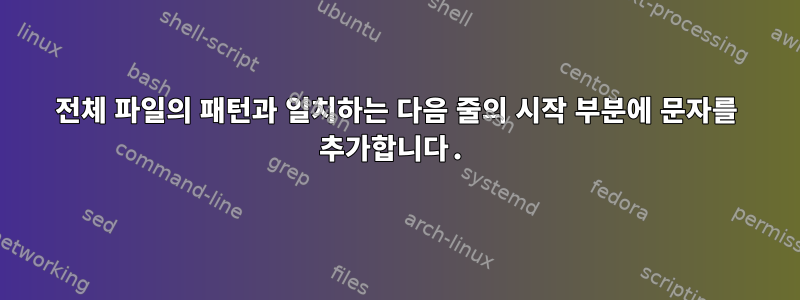 전체 파일의 패턴과 일치하는 다음 줄의 시작 부분에 문자를 추가합니다.