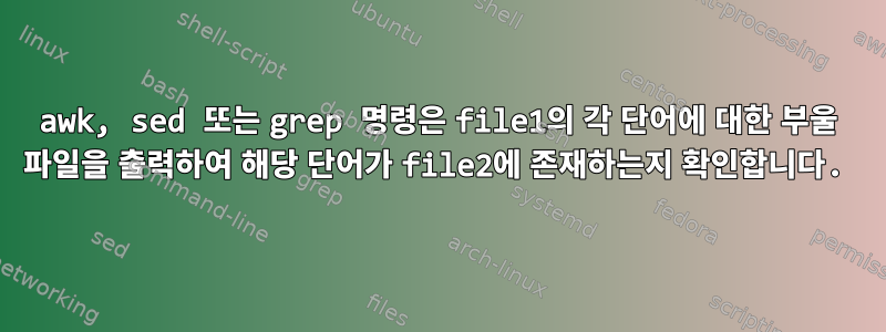 awk, sed 또는 grep 명령은 file1의 각 단어에 대한 부울 파일을 출력하여 해당 단어가 file2에 존재하는지 확인합니다.