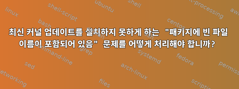 최신 커널 업데이트를 설치하지 못하게 하는 "패키지에 빈 파일 이름이 포함되어 있음" 문제를 어떻게 처리해야 합니까?