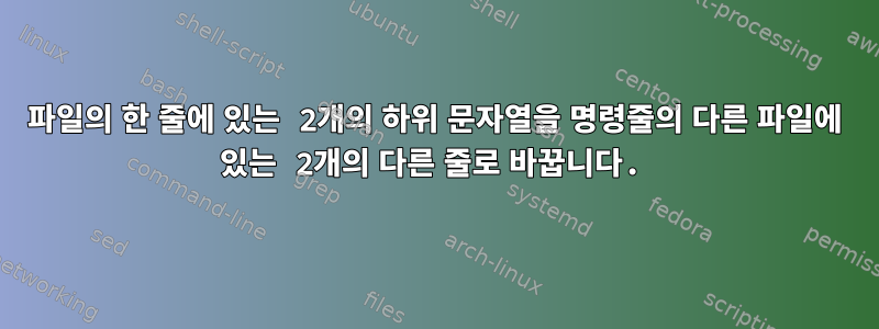 파일의 한 줄에 있는 2개의 하위 문자열을 명령줄의 다른 파일에 있는 2개의 다른 줄로 바꿉니다.