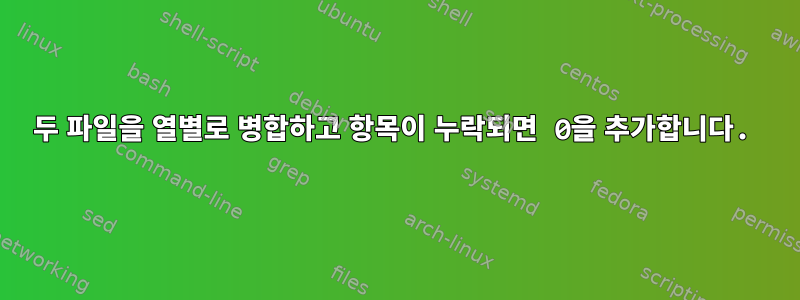 두 파일을 열별로 병합하고 항목이 누락되면 0을 추가합니다.