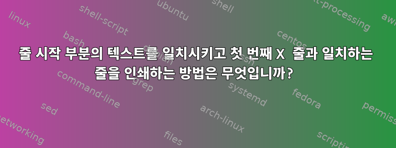 줄 시작 부분의 텍스트를 일치시키고 첫 번째 X 줄과 일치하는 줄을 인쇄하는 방법은 무엇입니까?